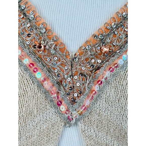 RARE Vintage Free People Beige Embellished Sequin Trim & Keyhole Back Boho Knit - Picture 9 of 15